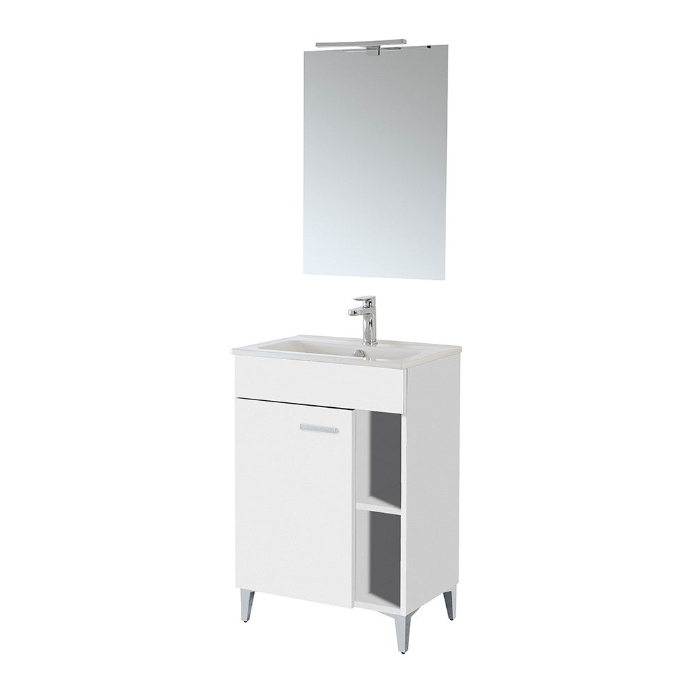 Mobile bagno a terra 60 cm bianco lucido con 1 anta lavabo e specchio  Martha