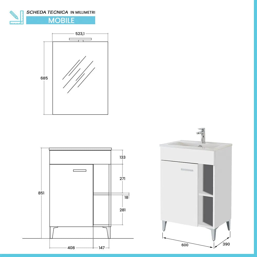 Mobile bagno a terra 60 cm bianco lucido con 1 anta lavabo e specchio  Martha