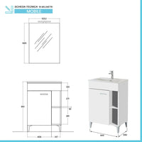 Mobile bagno a terra 60 cm bianco lucido con 1 anta lavabo e specchio  Martha