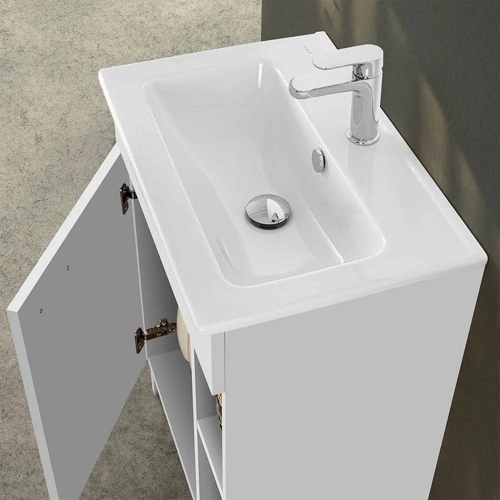 Mobile bagno a terra 60 cm bianco lucido con 1 anta lavabo e specchio  Martha