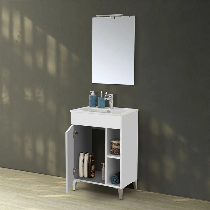 Mobile bagno a terra 60 cm bianco lucido con 1 anta lavabo e specchio  Martha