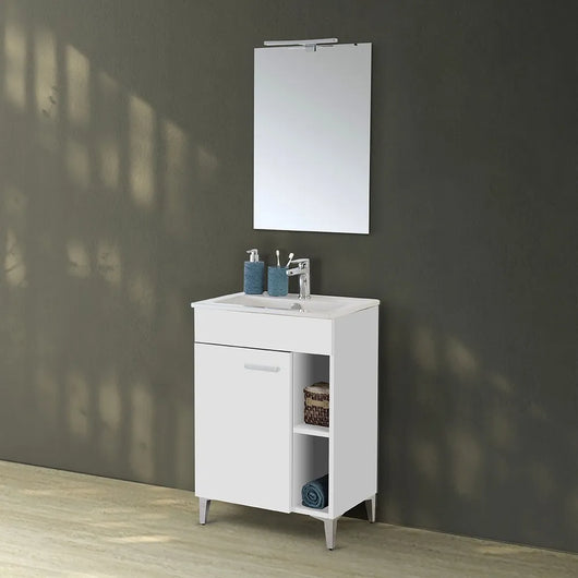 Mobile bagno a terra 60 cm bianco lucido con 1 anta lavabo e specchio  Martha