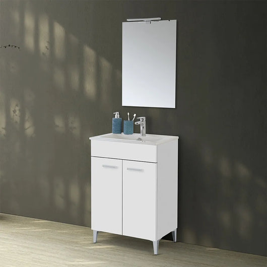 Mobile bagno a terra 60 cm bianco lucido con 2 ante lavabo e specchio  Martha