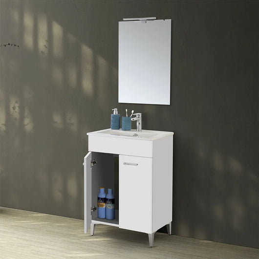 Mobile bagno a terra 60 cm bianco lucido con 2 ante lavabo e specchio  Martha