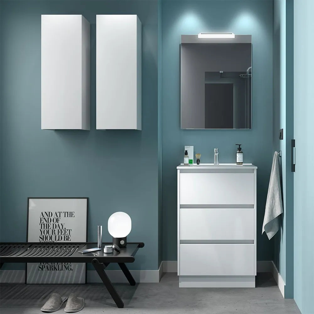 Mobile bagno a terra 60 cm bianco lucido con specchio e lavabo Gaya