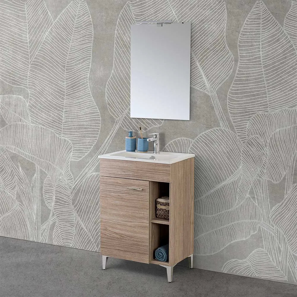Mobile bagno a terra 60 cm rovere tropea con 1 anta lavabo e specchio  Martha