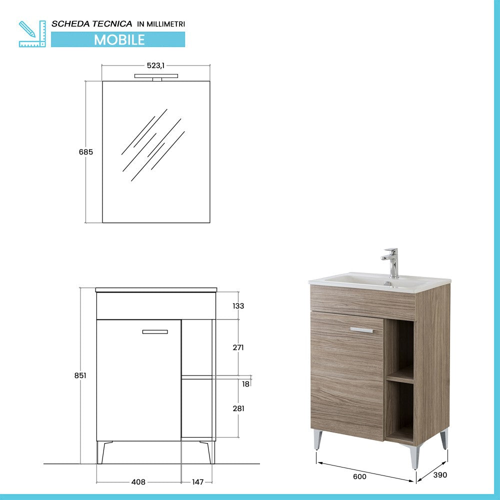 Mobile bagno a terra 60 cm rovere tropea con 1 anta lavabo e specchio  Martha