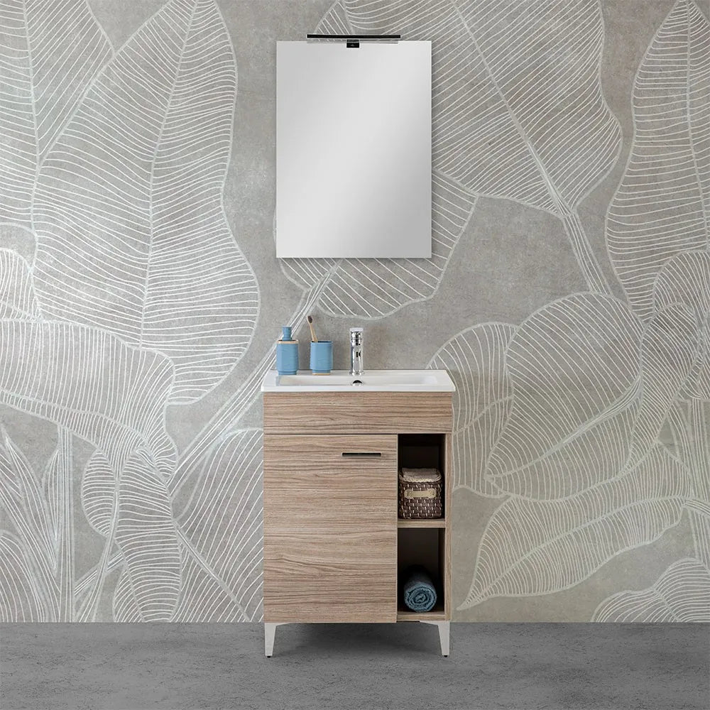 Mobile bagno a terra 60 cm rovere tropea con 1 anta lavabo e specchio  Martha