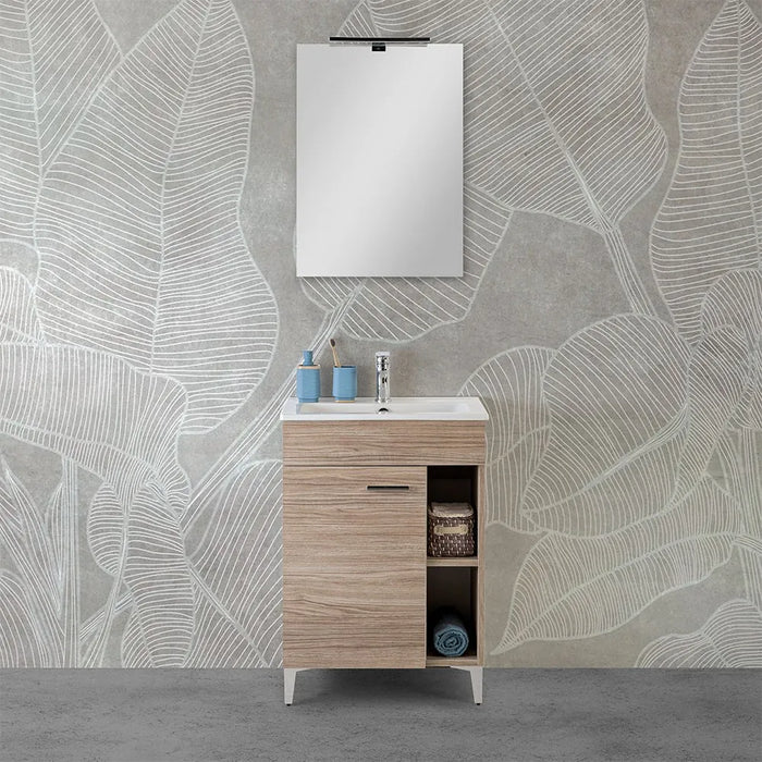 Mobile bagno a terra 60 cm rovere tropea con 1 anta lavabo e specchio  Martha
