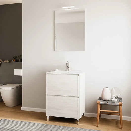 Mobile bagno a terra 60 rovere bianco con lavabo e specchio LED  Lisbona