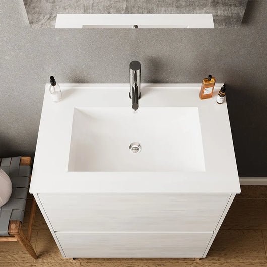 Mobile bagno a terra 60 rovere bianco con lavabo e specchio LED  Lisbona