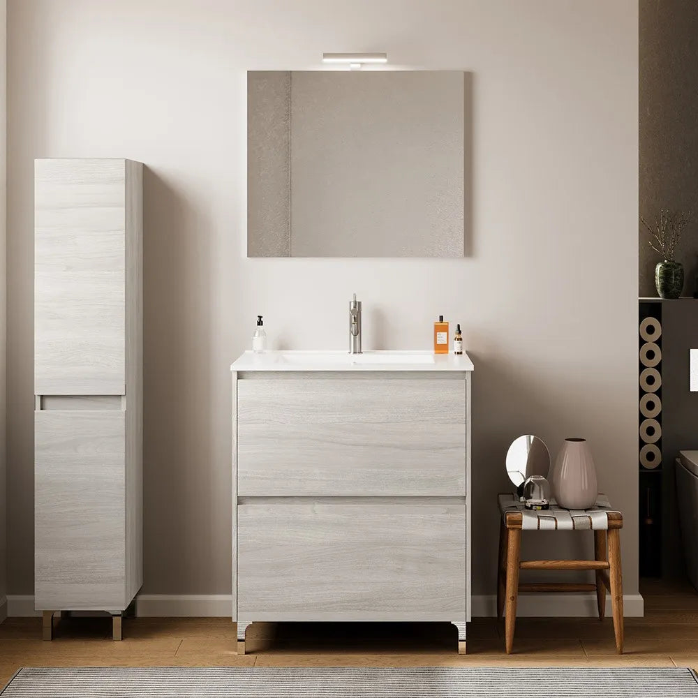 Mobile bagno a terra 60 rovere grigio con lavabo e specchio LED  Lisbona