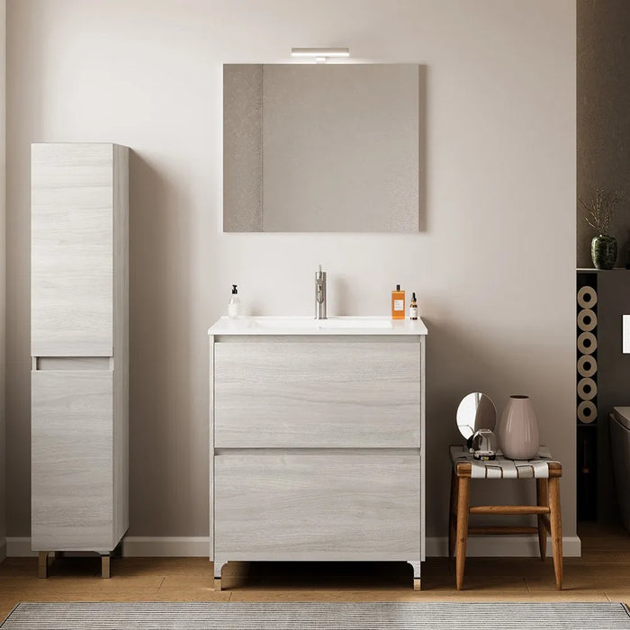 Mobile bagno a terra 60 rovere grigio con lavabo e specchio LED  Lisbona