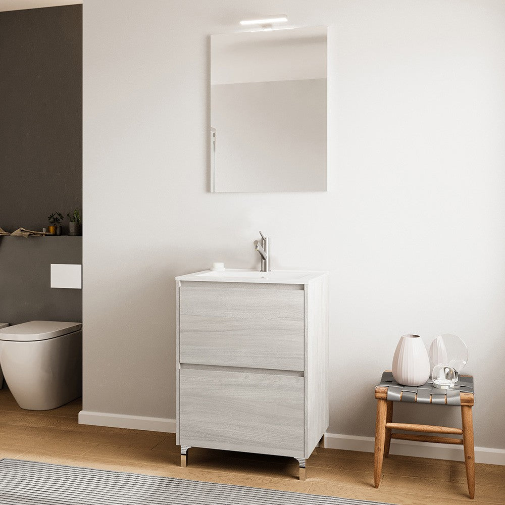 Mobile bagno a terra 60 rovere grigio con lavabo e specchio LED  Lisbona