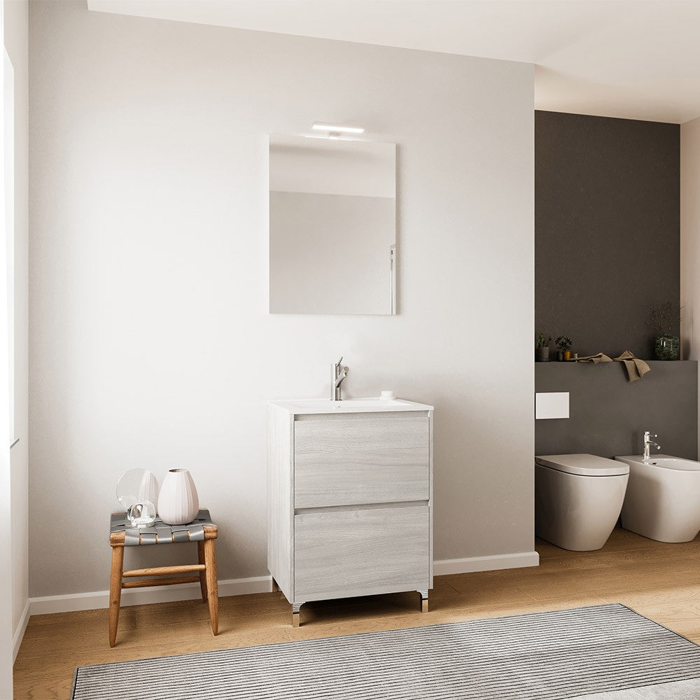 Mobile bagno a terra 60 rovere grigio con lavabo e specchio LED  Lisbona