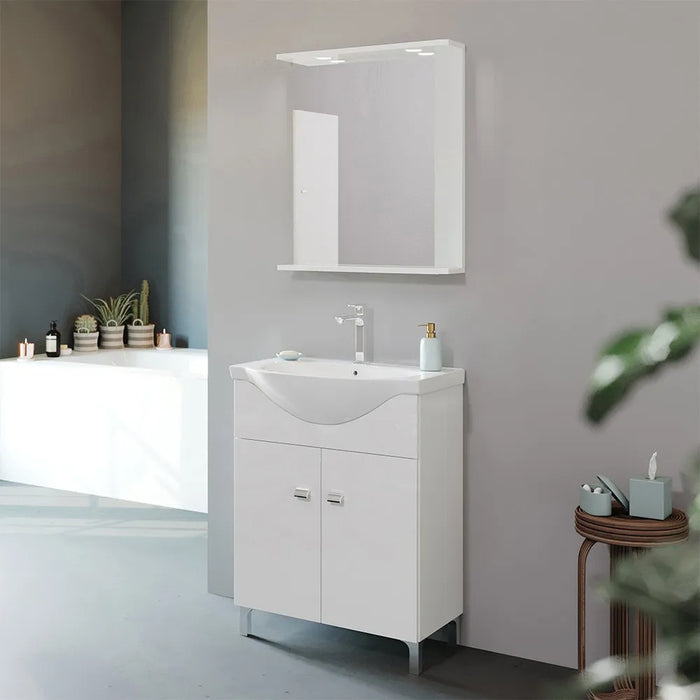 Mobile bagno a terra 65 cm Creta bianco lucido con lavabo e specchio