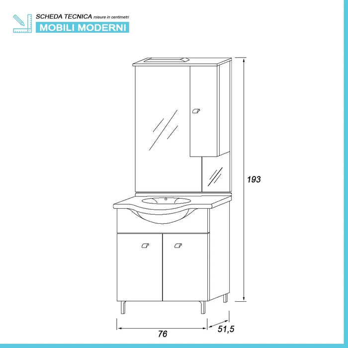 Mobile bagno a terra 75 cm Creta bianco lucido con lavabo e specchio con pensile