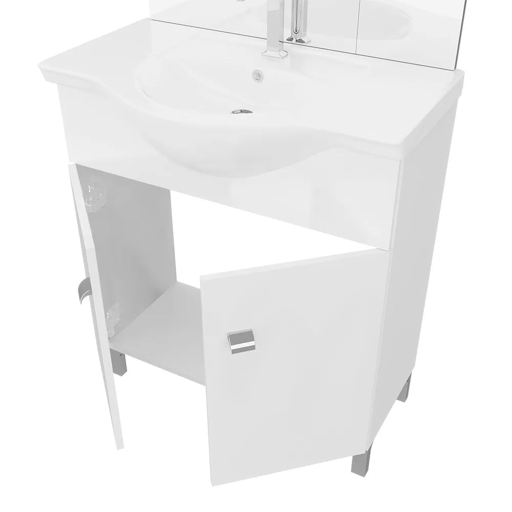 Mobile bagno a terra 75 cm Creta bianco lucido con lavabo e specchio con pensile