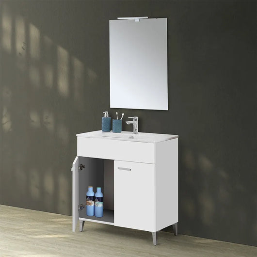 Mobile bagno a terra 80 bianco con lavabo e specchio LED  Martha