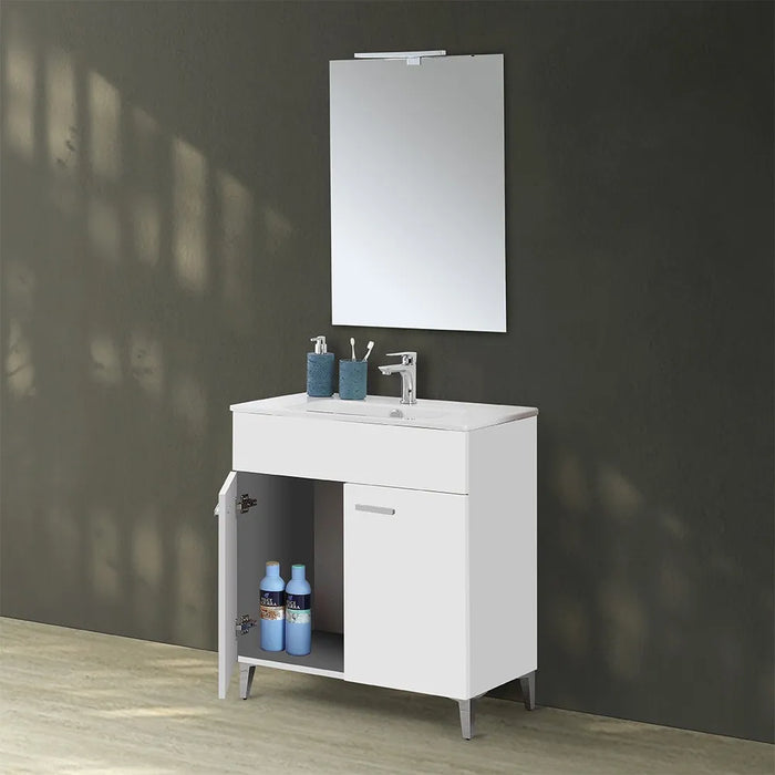 Mobile bagno a terra 80 bianco con lavabo e specchio LED  Martha