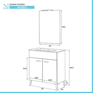 Mobile bagno a terra 80 bianco con lavabo e specchio LED  Martha