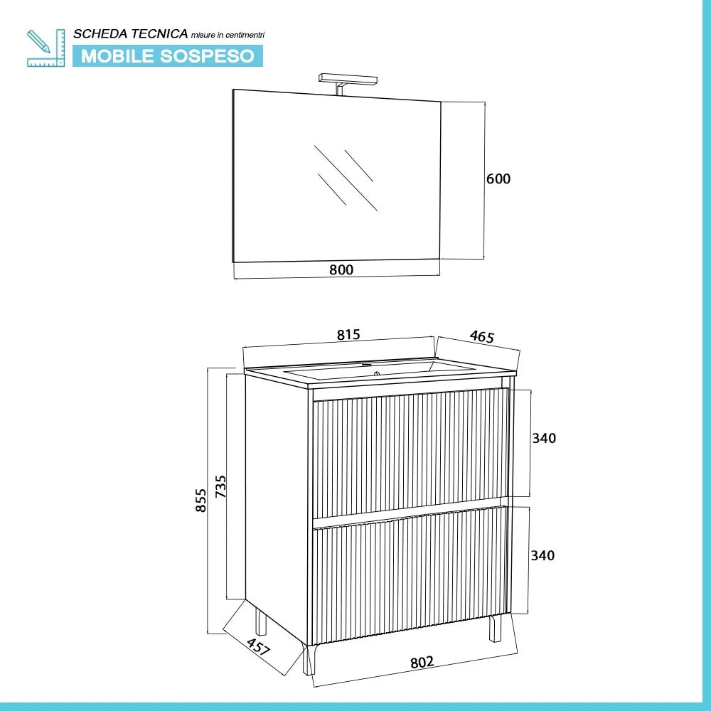 Mobile bagno a terra 80 cm bianco cannettato e grigio con cassetti Porto