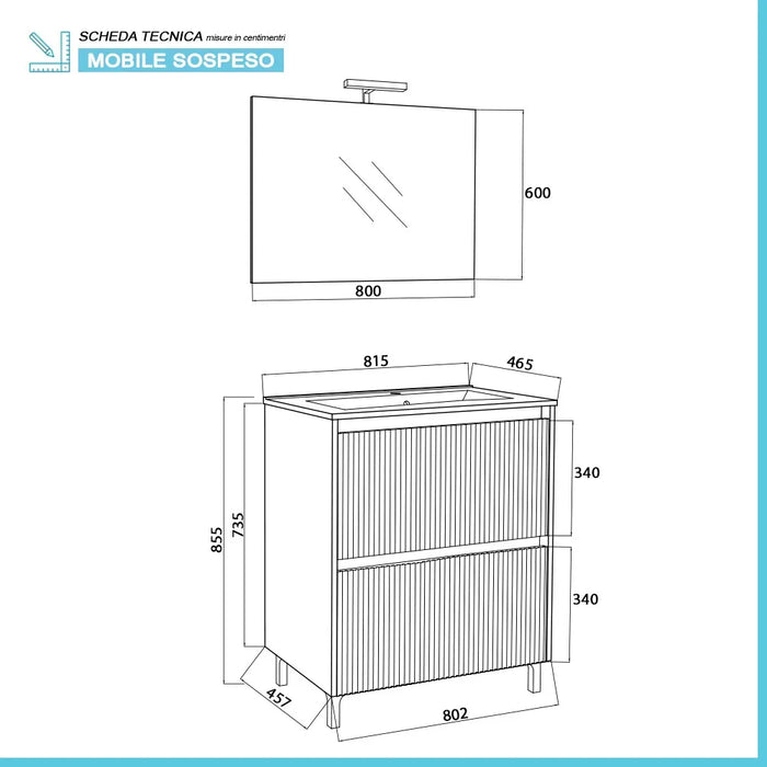 Mobile bagno a terra 80 cm bianco cannettato e grigio con cassetti Porto