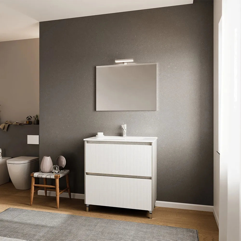 Mobile bagno a terra 80 cm bianco cannettato e grigio con cassetti Porto