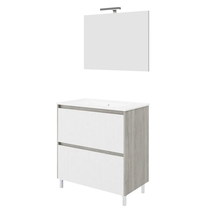Mobile bagno a terra 80 cm bianco cannettato e grigio con cassetti Porto