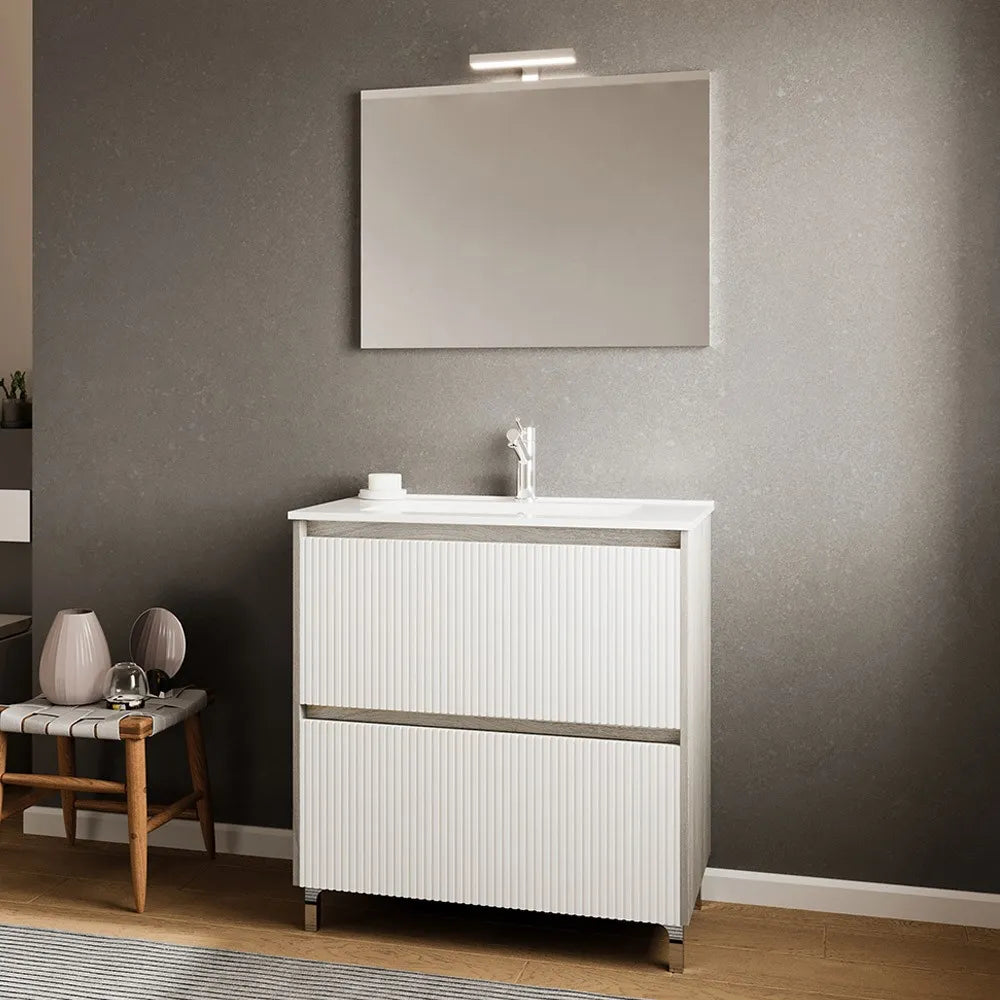 Mobile bagno a terra 80 cm bianco cannettato e grigio con cassetti Porto