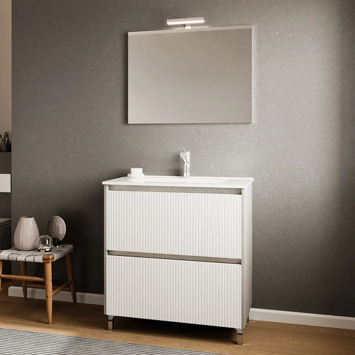 Mobile bagno a terra 80 cm bianco cannettato e grigio con cassetti Porto