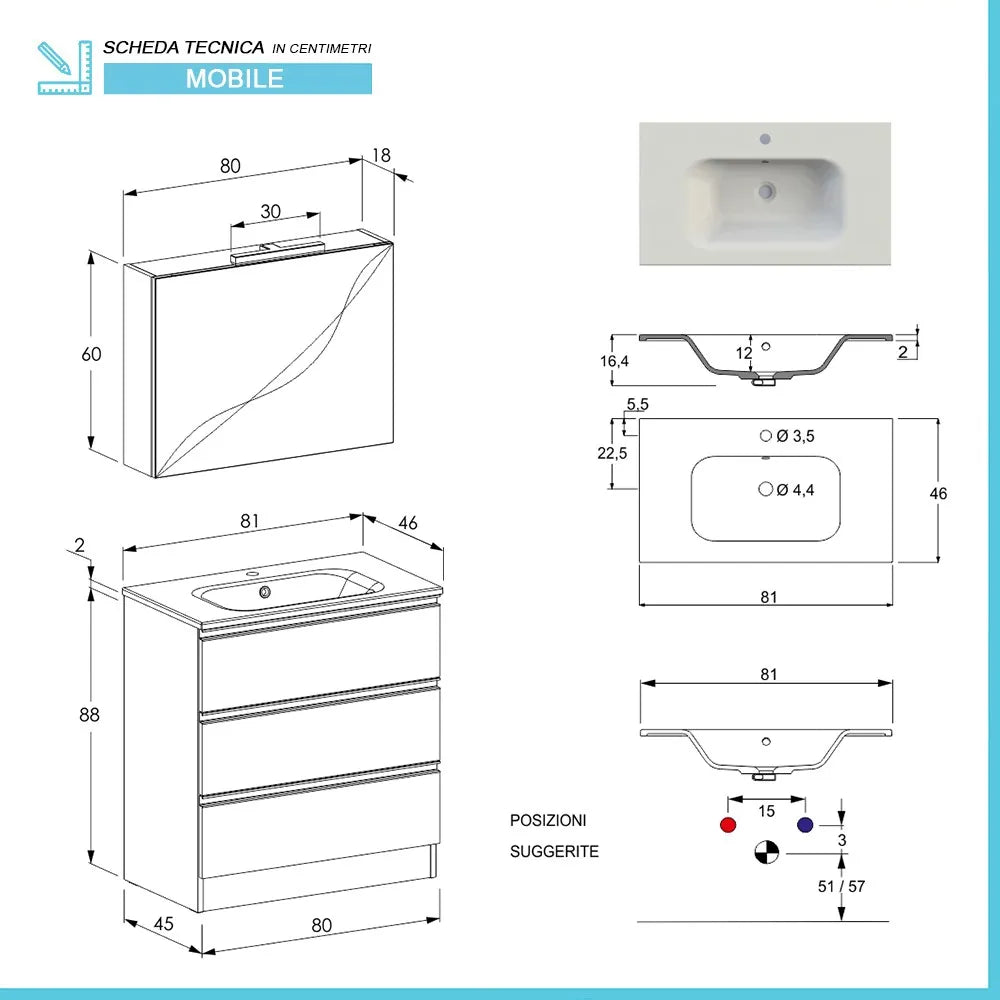 Mobile bagno a terra 80 cm Master bianco con lavabo e specchio contenitore