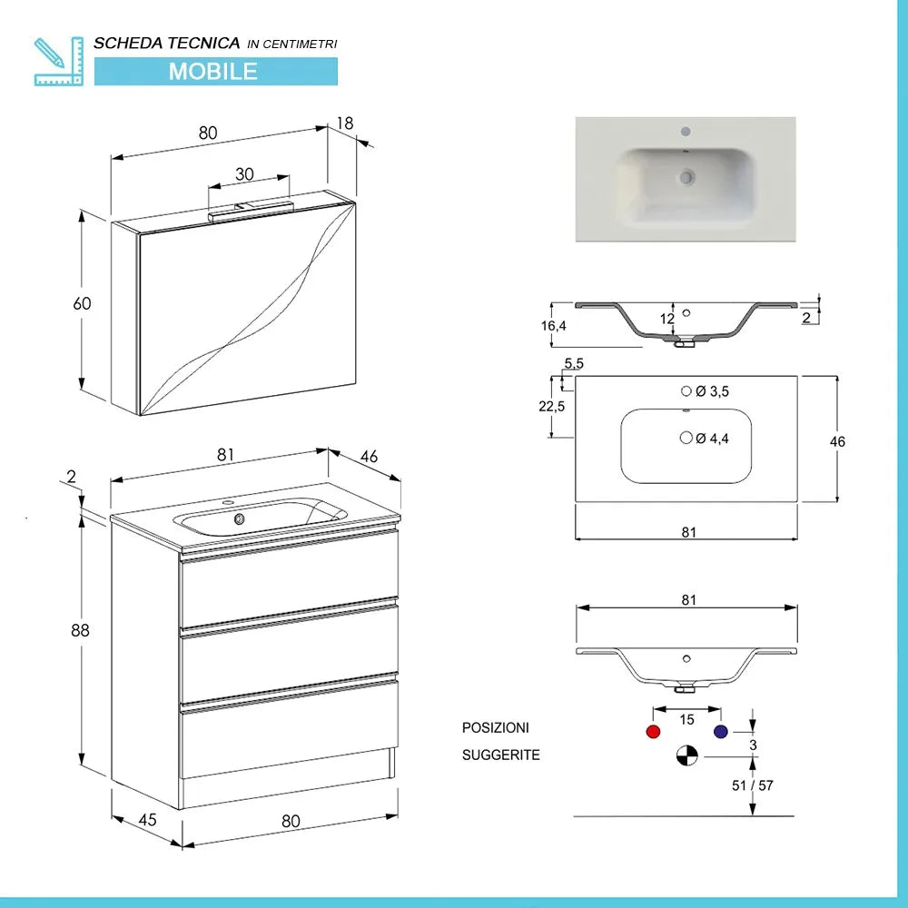 Mobile bagno a terra 80 cm Master rovere con lavabo e specchio contenitore