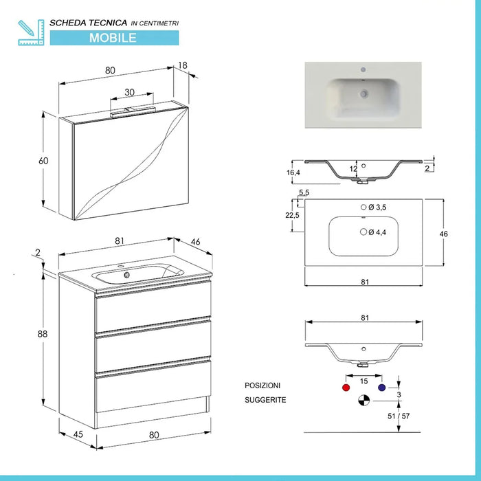 Mobile bagno a terra 80 cm Master rovere con lavabo e specchio contenitore