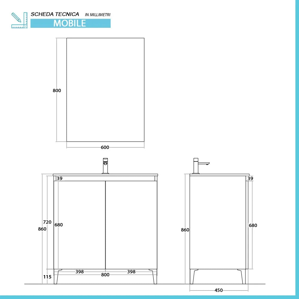 Mobile bagno a terra 80 cm noce canaletto con 2 ante soft-close Kleo