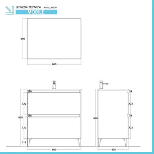 Mobile bagno a terra 80 cm rovere africa con cassetti soft-close Kleo
