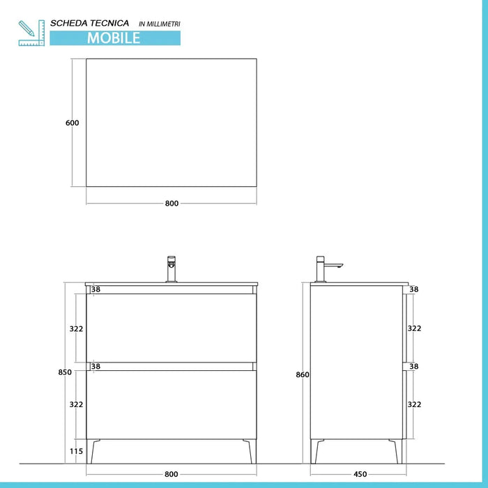 Mobile bagno a terra 80 cm rovere africa con cassetti soft-close Kleo