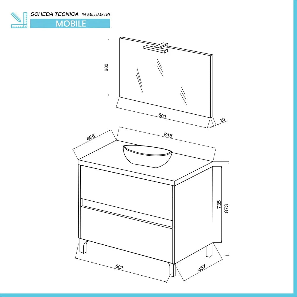 Mobile bagno a terra 80 rovere bianco top cenere con specchio LED  Lisbona