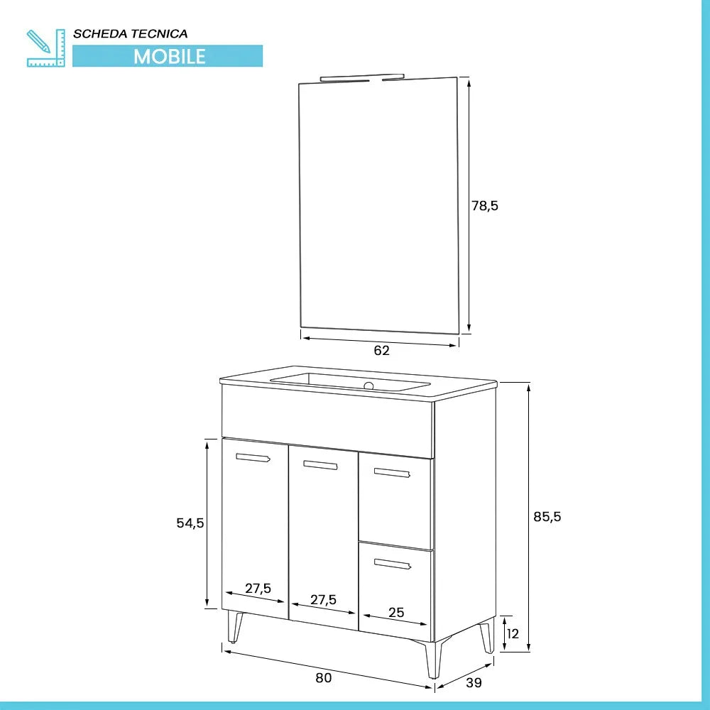 Mobile bagno a terra 80 rovere tropea con top e specchiera LED  Martha