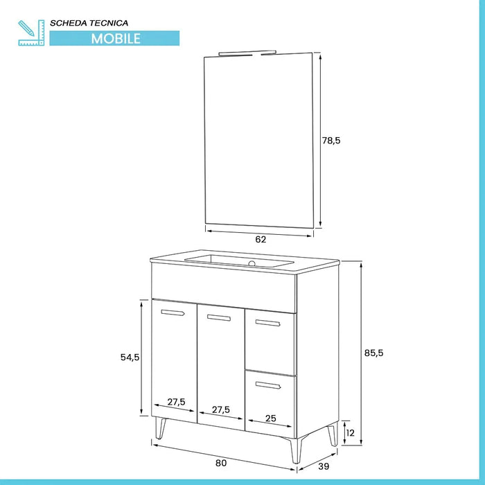 Mobile bagno a terra 80 rovere tropea con top e specchiera LED  Martha