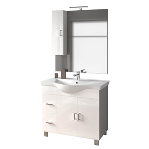 Mobile Bagno 80cm a Terra Con Due Ante Due Cassetti, Specchio con Pensile e Lampada - Bianco Laccato Lucido