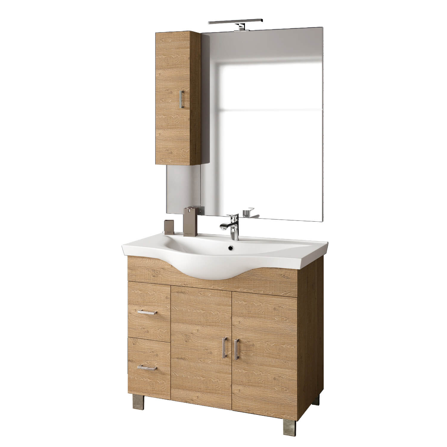 Mobile Bagno 80cm a Terra Con Due Ante Due Cassetti, Specchio con Pensile e Lampada - Rovere Miele