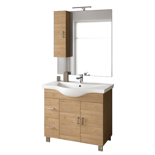 Mobile Bagno 80cm a Terra Con Due Ante Due Cassetti, Specchio con Pensile e Lampada - Rovere Miele