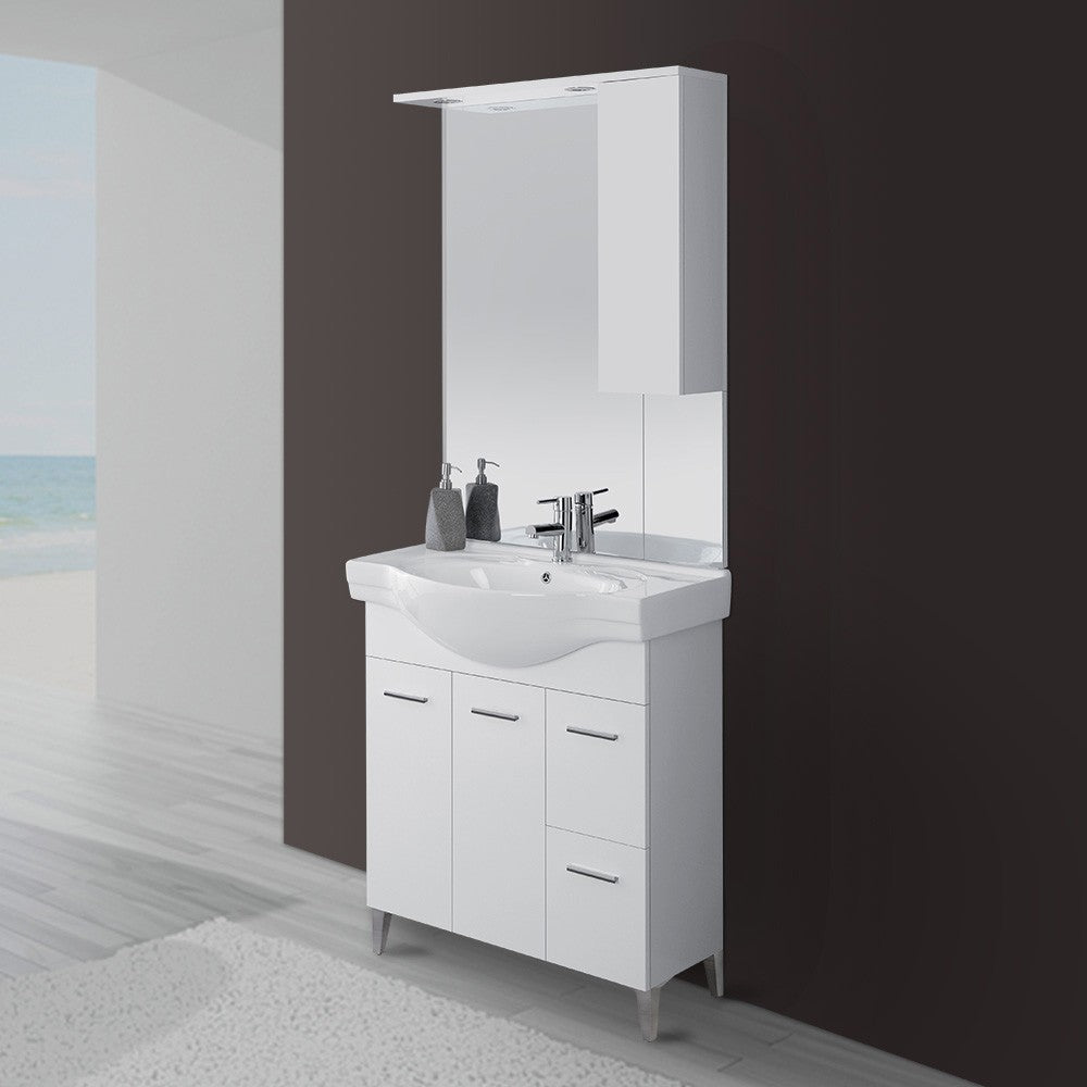 Mobile bagno a terra 85 cm bianco con pensile su specchio LED Desya