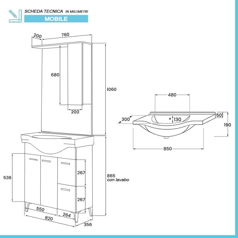 Mobile bagno a terra 85 cm bianco con pensile su specchio LED Desya