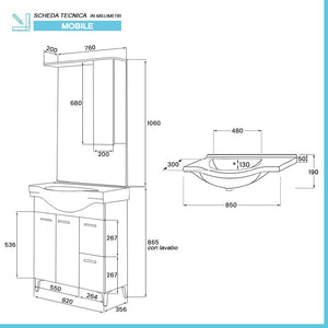 Mobile bagno a terra 85 cm bianco con pensile su specchio LED Desya