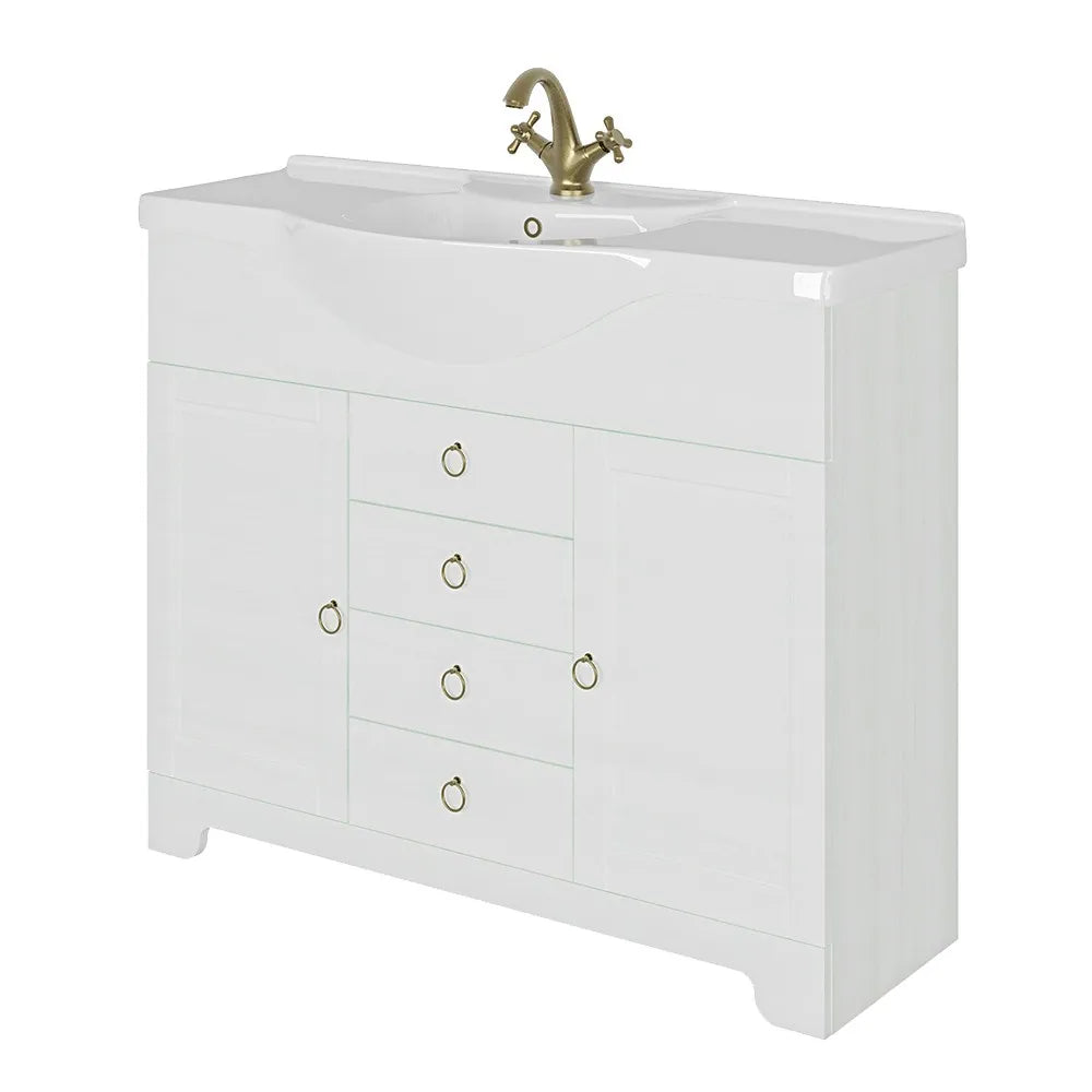 Mobile bagno a terra 85 cm bianco decape con lavabo specchio e lampada Romantica