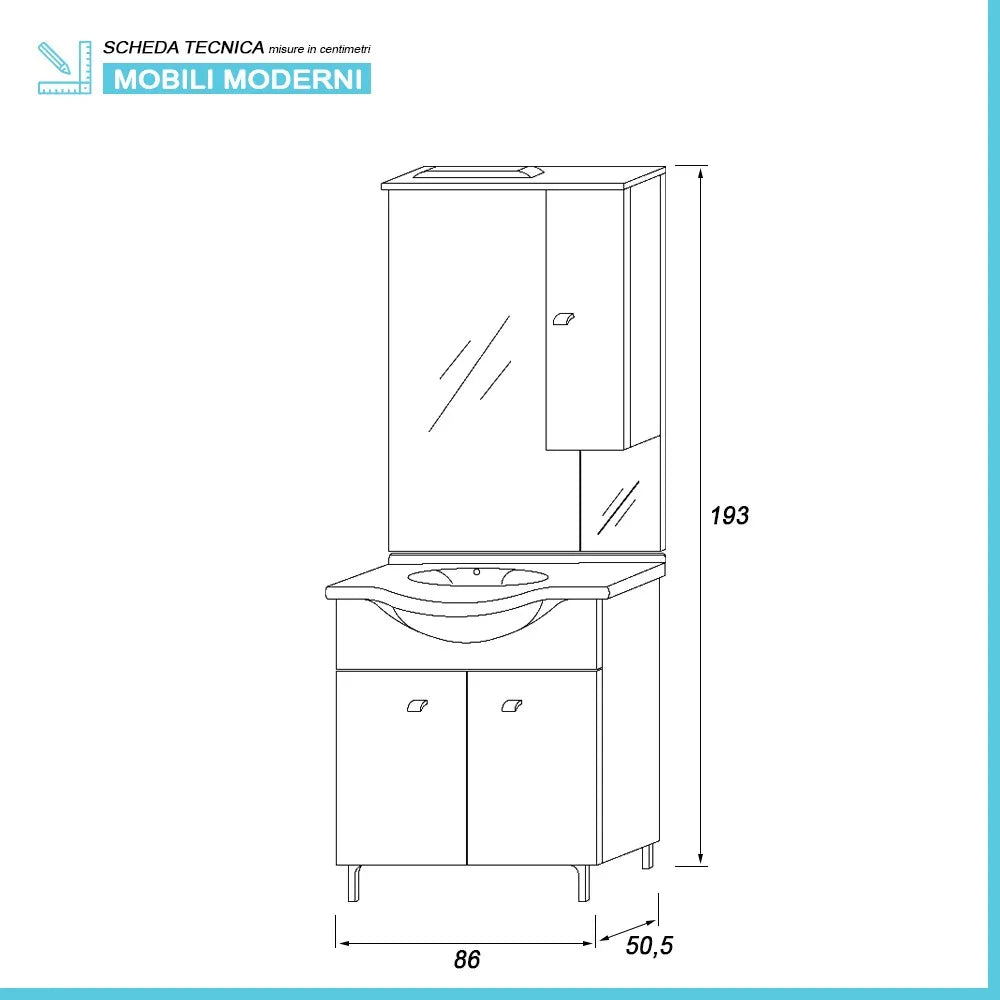 Mobile bagno a terra 85 cm Creta bianco lucido con lavabo e specchio con pensile