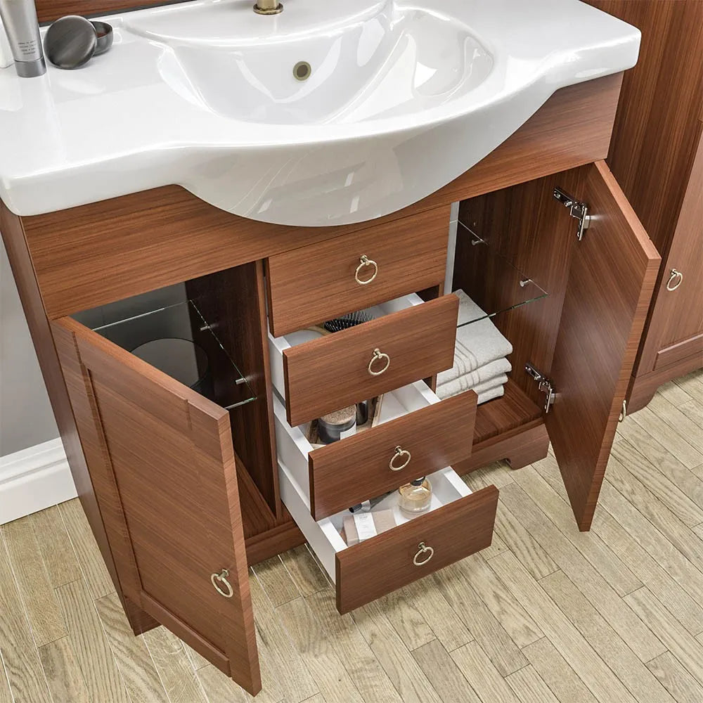 Mobile bagno a terra 85 cm noce con lavabo specchio e lampada Romantica