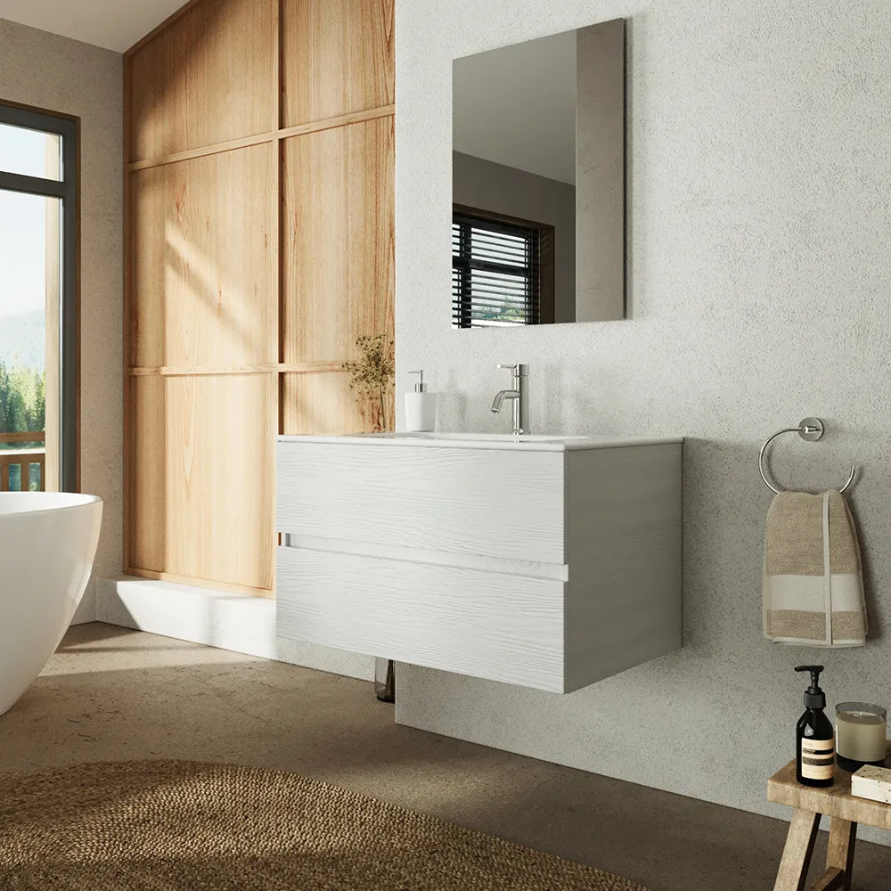 Mobile da bagno sospeso 80 cm bianco effetto legno con lavabo e specchio | Yili